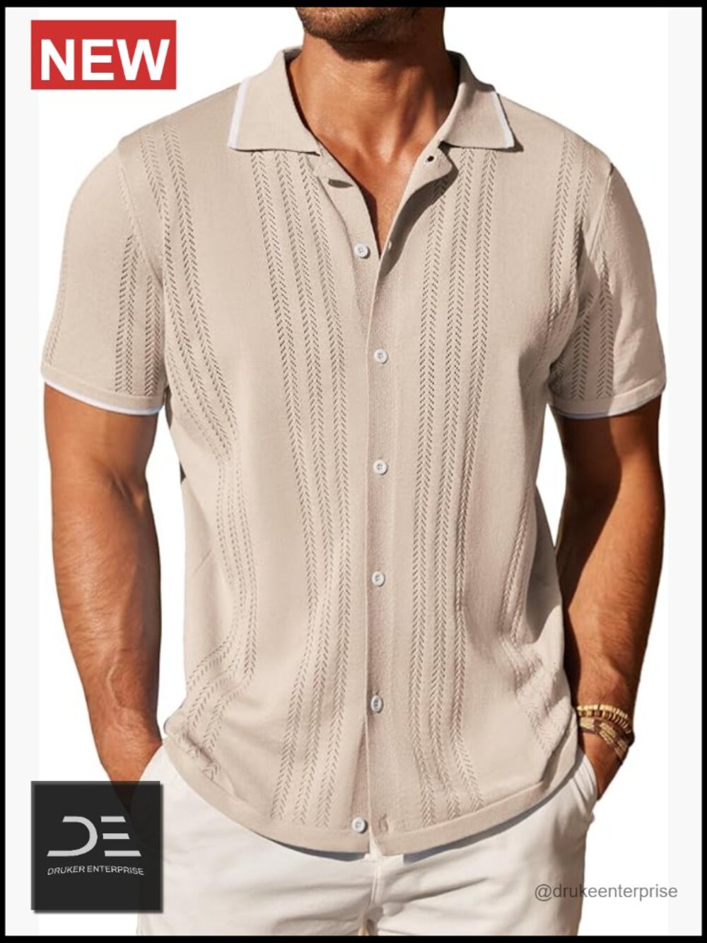 Men's Knit Short Sleeve Button Down Shirt Vintage Polo Top